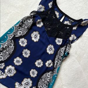 Express Women's Blue Floral Top w Flutter Sleeves